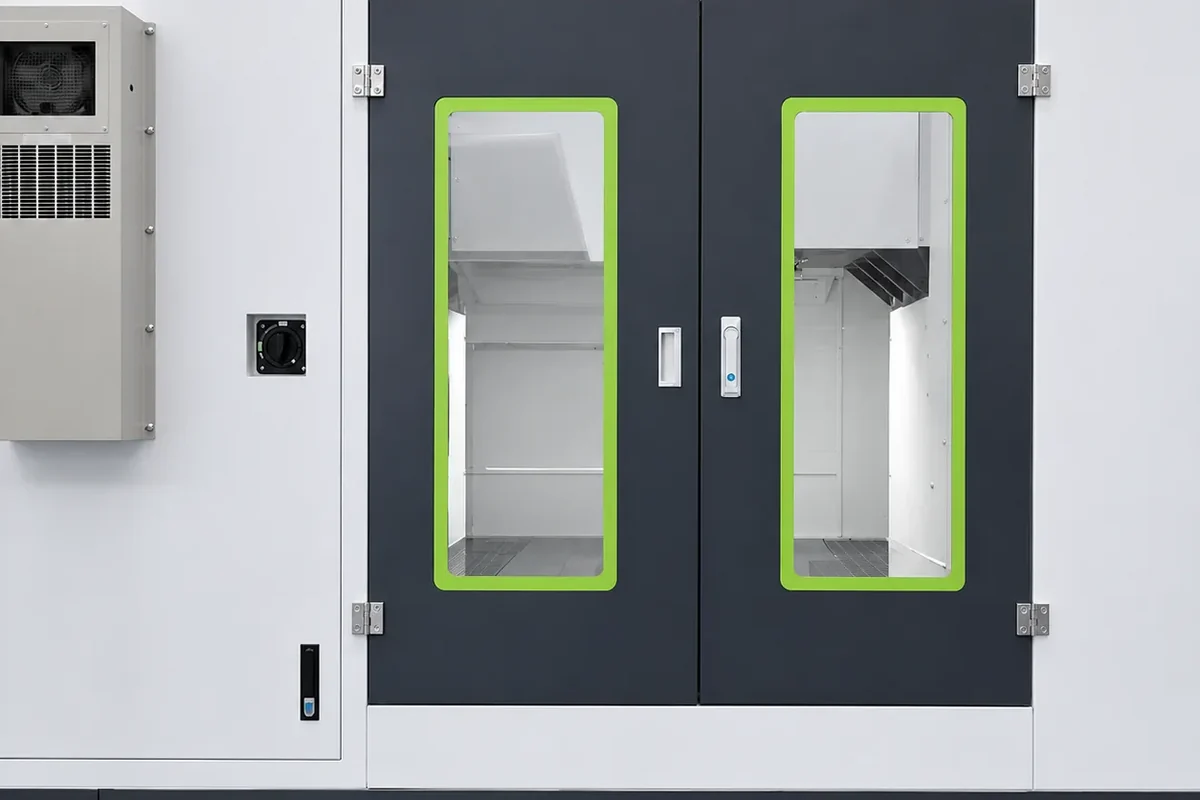 Industrial machine access doors with installed hinges