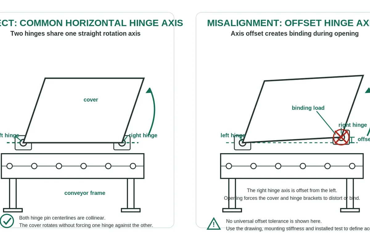 Conveyor cover diagram showing two torque hinges aligned on one axis