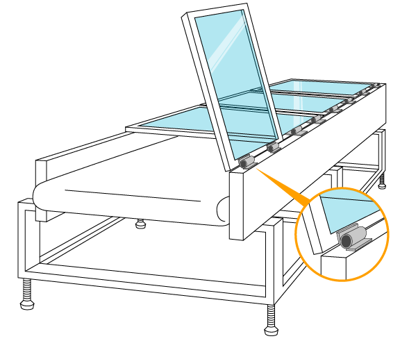 Adjustable one-way torque hinges for conveyor belts in production lines