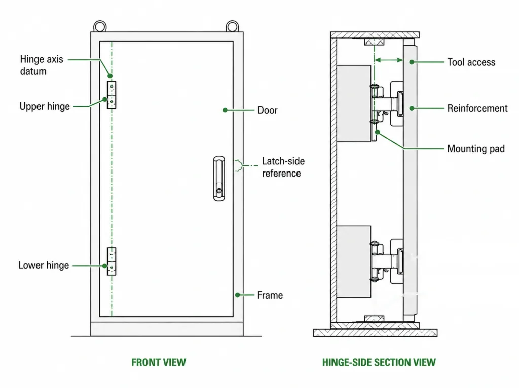 Disegno tecnico di una cerniera per ante di armadi industriali con dettagli relativi al montaggio sull'asse e al rinforzo