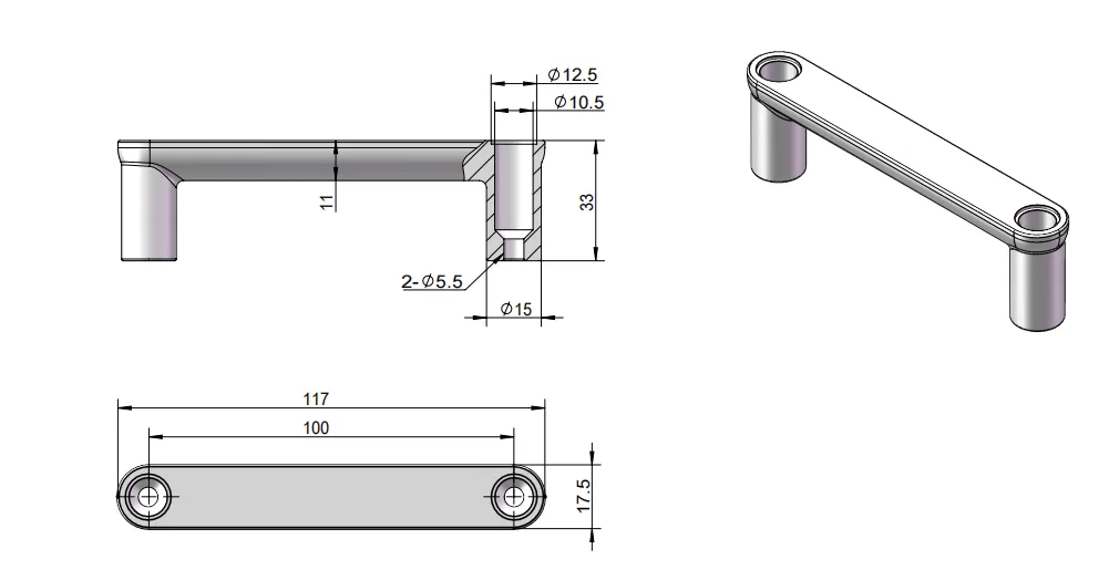 Desenho técnico que mostra os detalhes do componente da pega da caixa de ferramentas dobrável e da manga de articulação