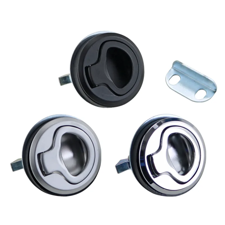 Round recessed flush pull latch for ambulance cabinet doors, available in black, satin silver, and chrome finish, with mounting strike plate