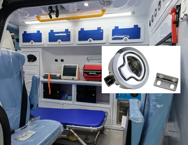 Ambulance interior showing blue overhead storage cabinets fitted with round recessed flush latches, with chrome latch and strike plate detail inset
