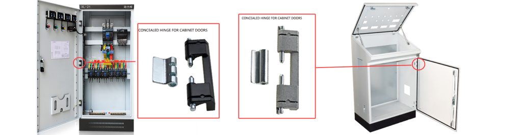Concealed hinge used for cabinet doors.
