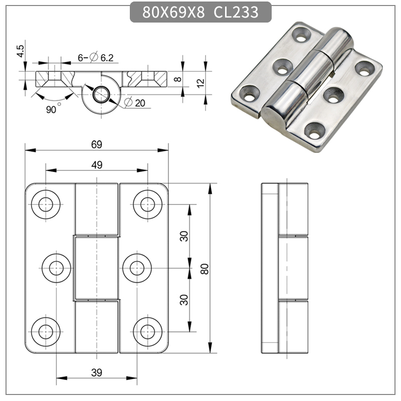 Heavy-Duty Stainless Steel Butt Hinge Dimensional Drawing