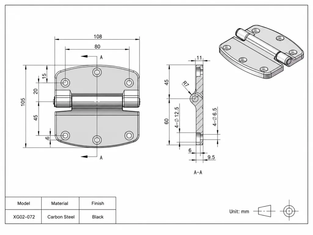XG02-072 carbon steel hinge reference drawing with black finish