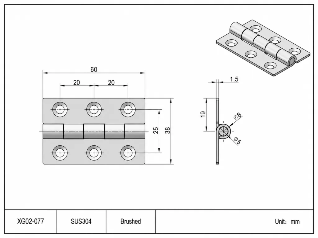 XG02-077 SUS304 brushed hinge reference drawing
