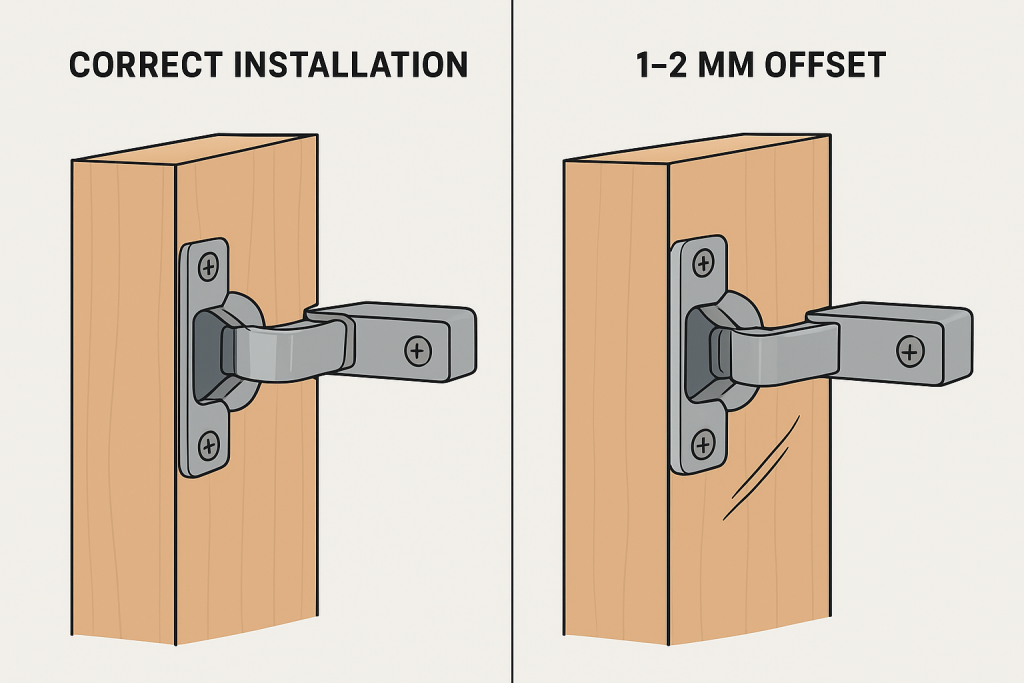 Concealed Hinge — Correct Installation vs. 1–2 mm Misalignment