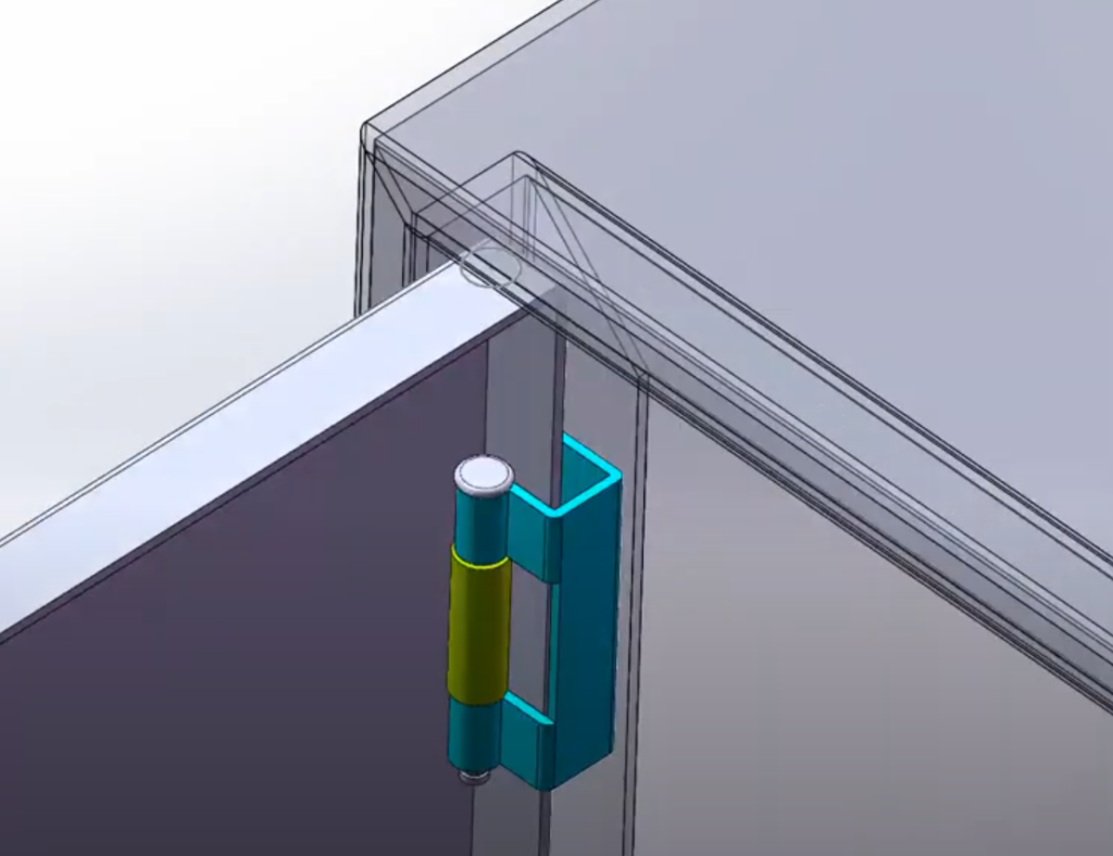 Concealed hinge hidden inside an industrial cabinet