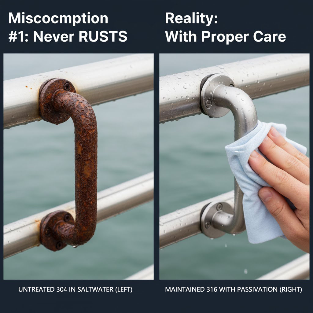 Mythos Edelstahl vs. Realität Unbehandelter 304 in Salzwasser (links) vs. Gepflegter 316 mit Passivierung (rechts)