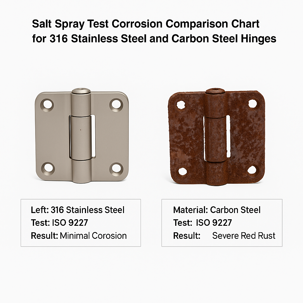 Vergleich des Salzsprühnebel-Korrosionstests zwischen Scharnieren aus 316er-Edelstahl und Karbonstahl