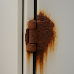 Severely rusted hinge on an outdoor industrial cabinet with visible red rust and coating failure