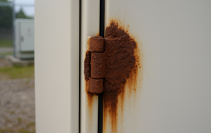Severely rusted hinge on an outdoor industrial cabinet with visible red rust and coating failure