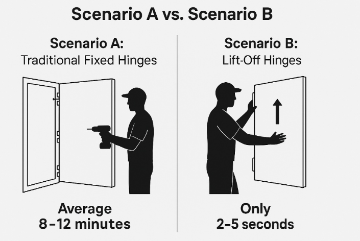 Illustrazione che confronta i metodi di rimozione delle porte HVAC. A sinistra: il tecnico che utilizza un trapano su cerniere fisse impiega 8-12 minuti. A destra: Il tecnico che solleva verticalmente una porta con cerniere sollevabili impiega solo 2-5 secondi.
