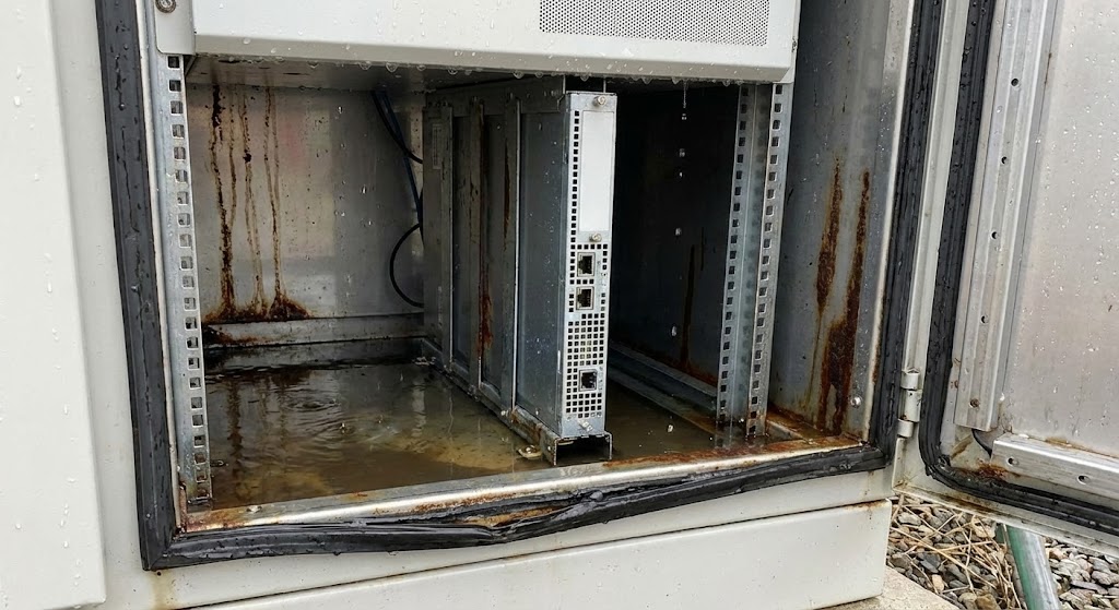 Severe water damage to expensive equipment in an outdoor cabinet caused by seal failure from incorrect heavy-duty hinge selection