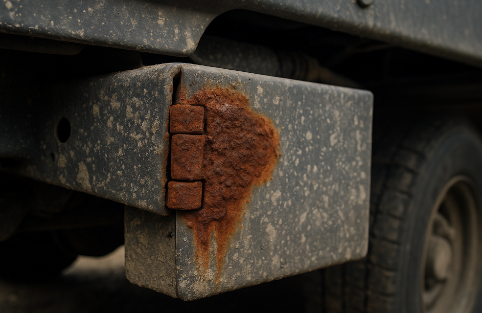 Severely rusted Heavy-Duty Hinges on a vehicle toolbox, showing corrosion from road salt and debris