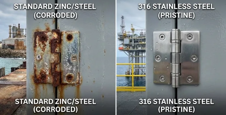 Сравнение коррозийного цинкового/стального шарнира с нетронутым шарниром из нержавеющей стали 316 в жестких условиях эксплуатации.