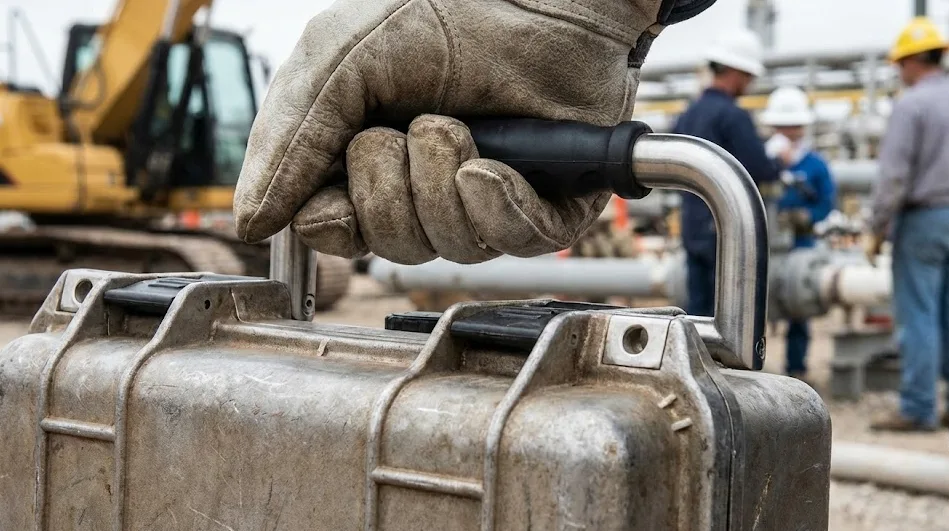 Worker lifting an industrial case with a 90-degree stop handle designed to prevent hand pinch points.