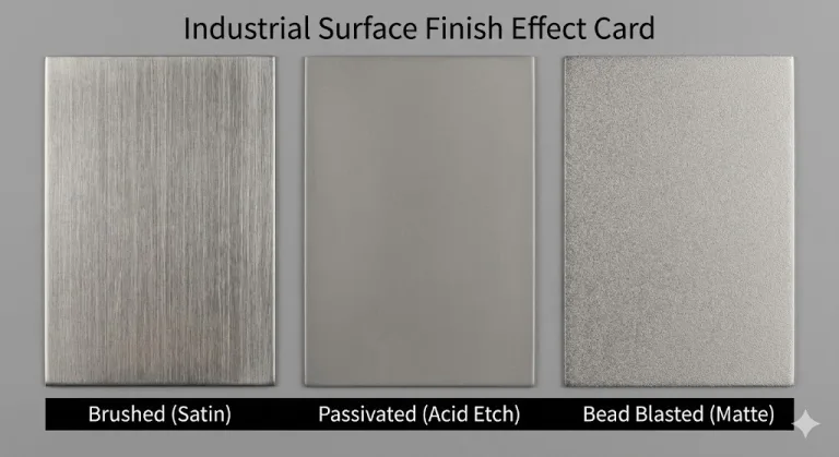 Visual comparison of Brushed, Passivated, and Bead Blasted industrial surface finishes.