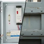 Dobradiças ocultas num armário elétrico versus dobradiças de superfície resistentes num portão de metal.