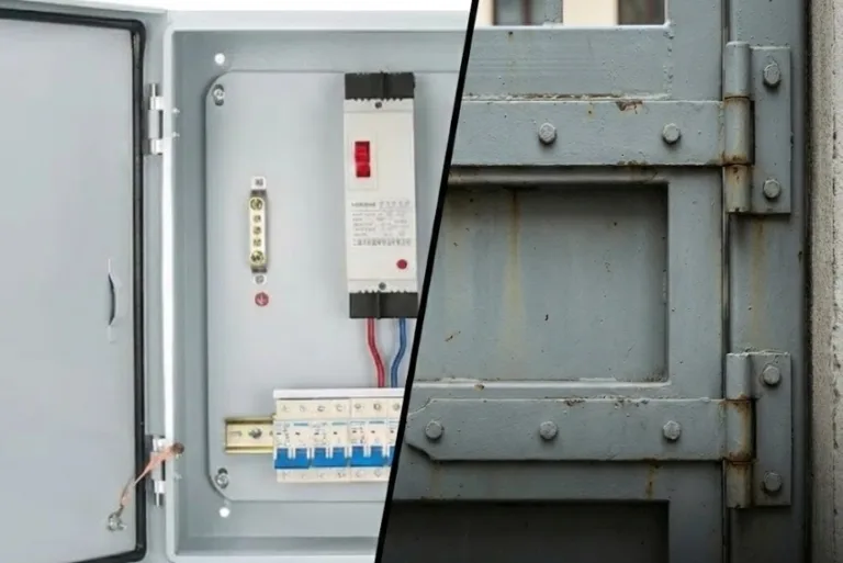 Dobradiças ocultas num armário elétrico versus dobradiças de superfície resistentes num portão de metal.