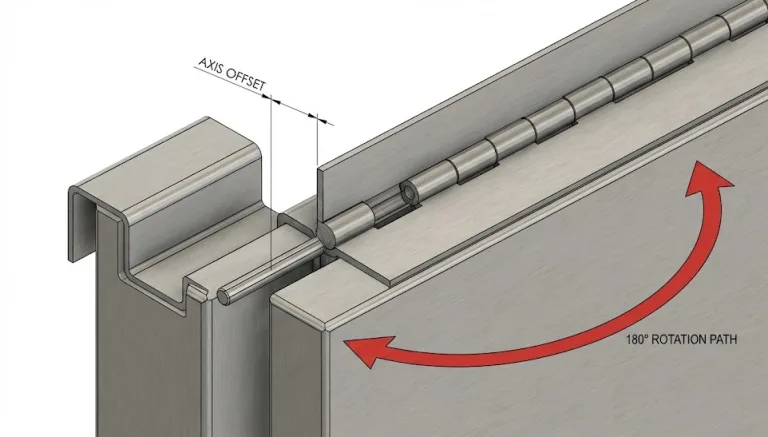 Secção transversal de uma dobradiça de piano contínua num invólucro metálico, mostrando o desvio do eixo e o percurso de rotação de 180°.