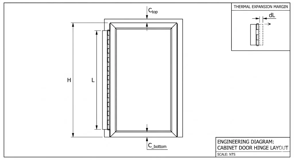 Esquema de dobradiça contínua mostrando H, L, C_top, C_bottom e margem de expansão térmica dL.
