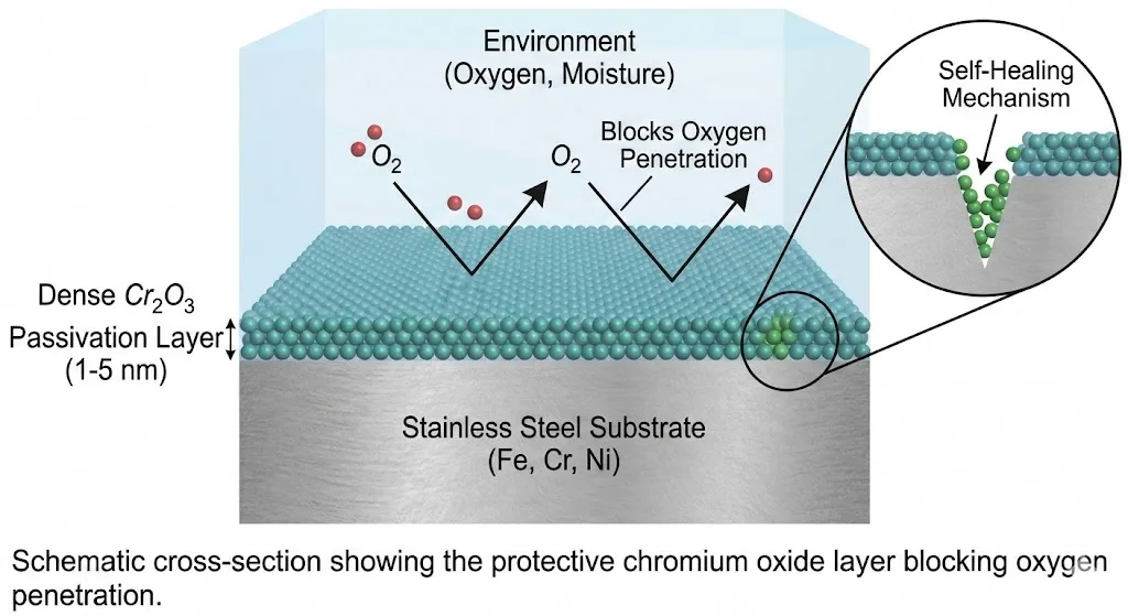 Das Diagramm zeigt eine 1-5 nm dicke Cr2O3-Passivierungsschicht auf rostfreiem Stahl, die Sauerstoff blockiert.