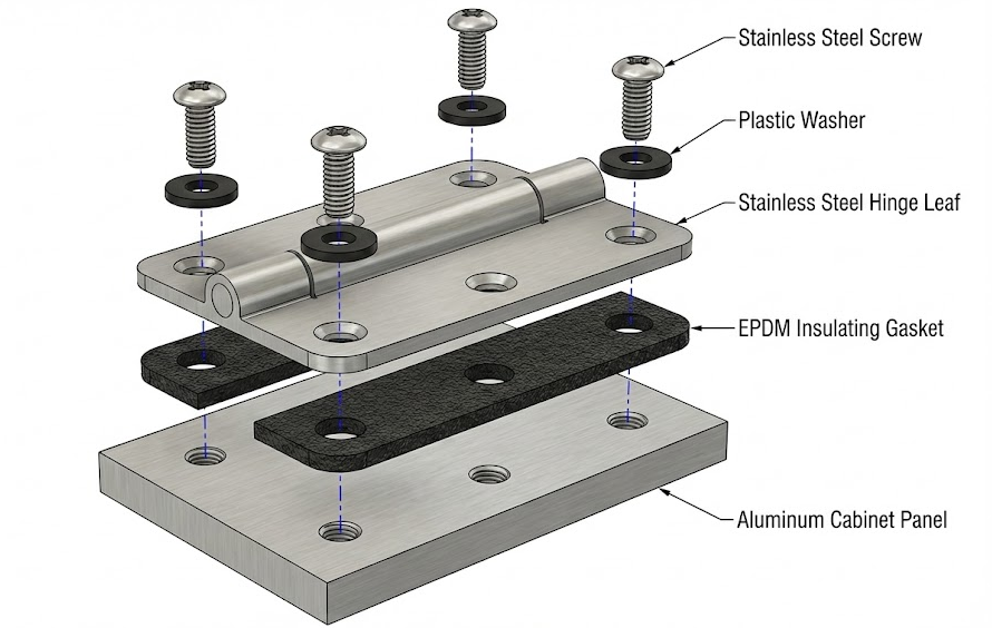 Exploded view showing stainless steel hinge, EPDM insulating gasket, plastic washers, and aluminum panel.