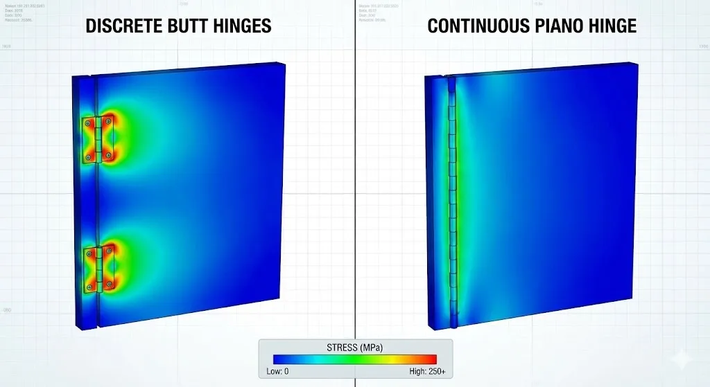 Distribuição de tensões FEA comparando dobradiças de topo com dobradiças de piano contínuas numa porta de armário (MPa).