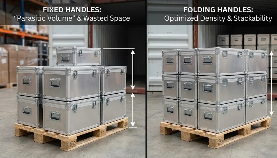 Metal cases on pallets showing fixed handles waste space while folding handles allow dense stacking