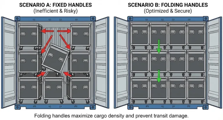 Comparaison de poignées fixes et pliantes montrant comment les poignées pliantes améliorent l'efficacité du chargement des conteneurs.