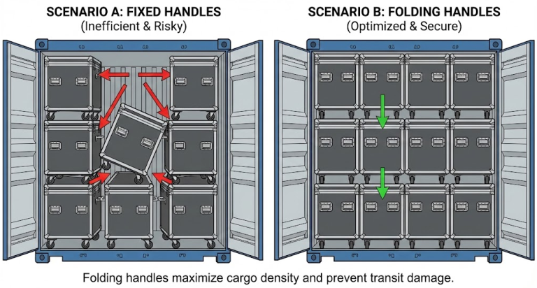 Comparação de pegas fixas e dobráveis, mostrando como as pegas dobráveis melhoram a eficiência do carregamento de contentores.