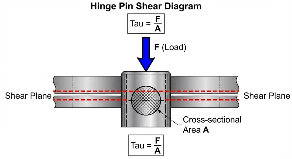 Scherdiagramm eines Gelenkbolzens mit der Last F, der Fläche A und der Scherspannungsformel Tau = F/A.