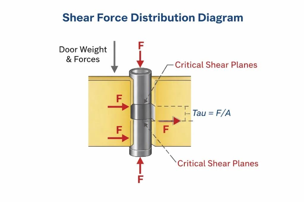 Diagram of hinge pin shear force distribution, showing critical planes and the shear stress formula.