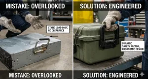 left shows a broken, rusty handle; right shows a robust, ergonomic handle with gloved use