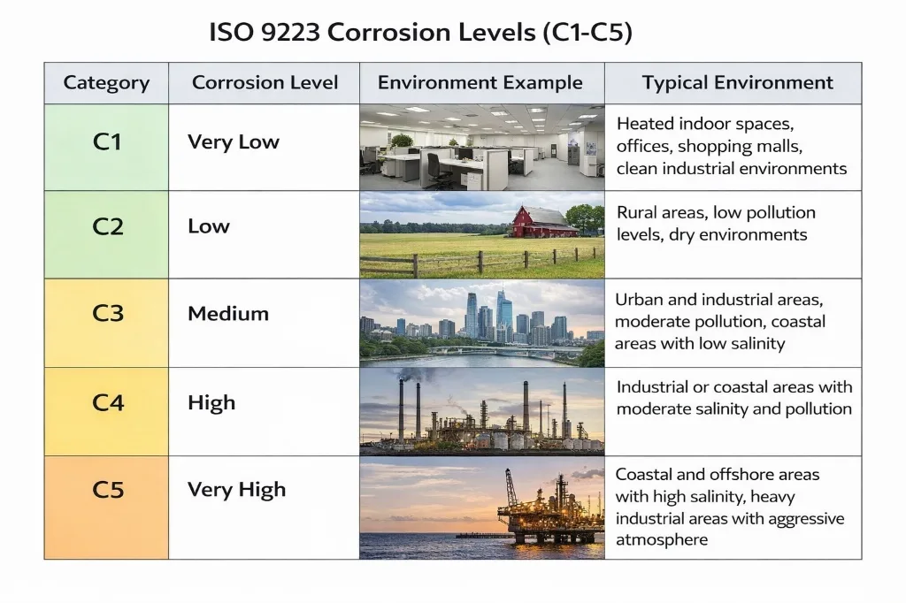Диаграмма уровней коррозии ISO 9223 C1-C5 с примерами окружающей среды и типичными описаниями.