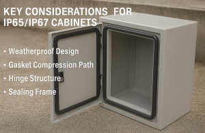 Open outdoor cabinet showing gasket and hinges design for IP65/IP67 sealing performance.
