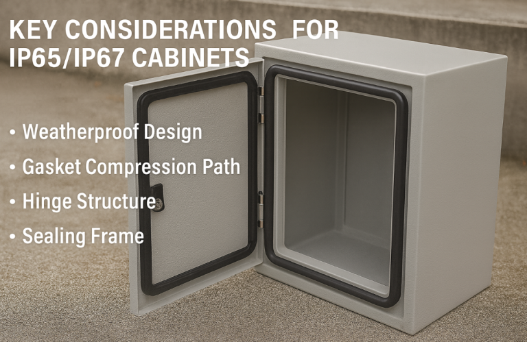 Open outdoor cabinet showing gasket and hinges design for IP65/IP67 sealing performance.