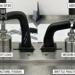 Comparação: Fratura dúctil do PA66 GF30 (resistente) vs. fratura frágil do ABS (estalido) sob carga.