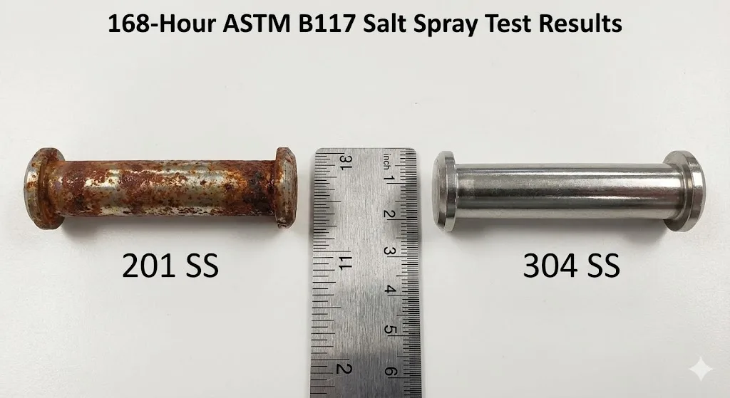 168-stündiger Salzsprühnebeltest zeigt korrodierte 201 SS und makellose 304 SS Scharnierstifte.