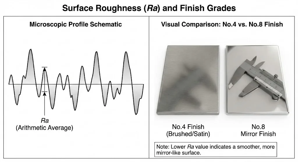 Схема шероховатости поверхности Ra и сравнение сатинирования №4 и зеркальной обработки №8.