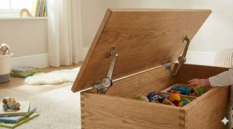Die Sicherheitsverschlüsse aus Metall halten den Deckel der schweren Holzspielzeugkiste offen, während das Kind hinein greift.