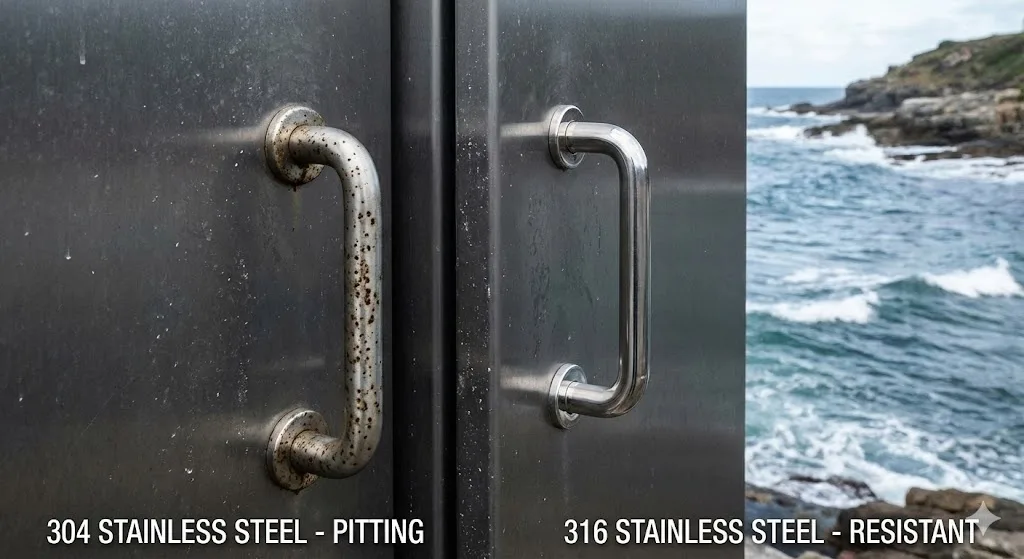 Comparison of pitted 304 vs. clean 316 stainless steel handles in a coastal environment.