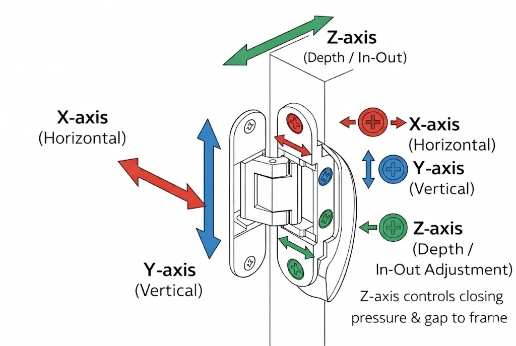 Schema di regolazione della cerniera 3D che mostra le viti degli assi X (orizzontale), Y (verticale) e Z (profondità).