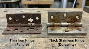 Confronto tra il cedimento di una cerniera sottile in ferro arrugginito e una cerniera spessa e resistente in acciaio inox con macchie superficiali.