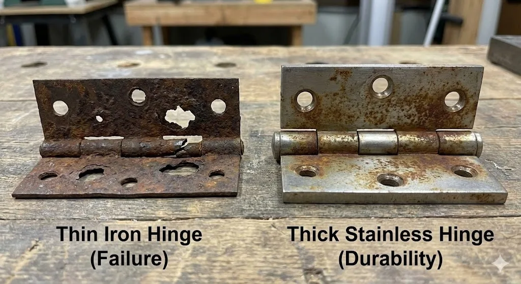Confronto tra il cedimento di una cerniera sottile in ferro arrugginito e una cerniera spessa e resistente in acciaio inox con macchie superficiali.