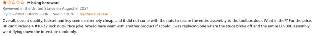 Compression Latches review: missing #10-32 lock nuts; studs broke off from vibration.