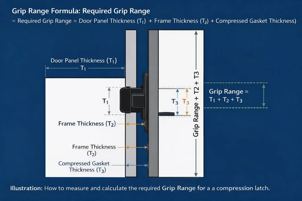 Compression Latches grip range diagram showing T1+T2+T3 for proper sizing.
