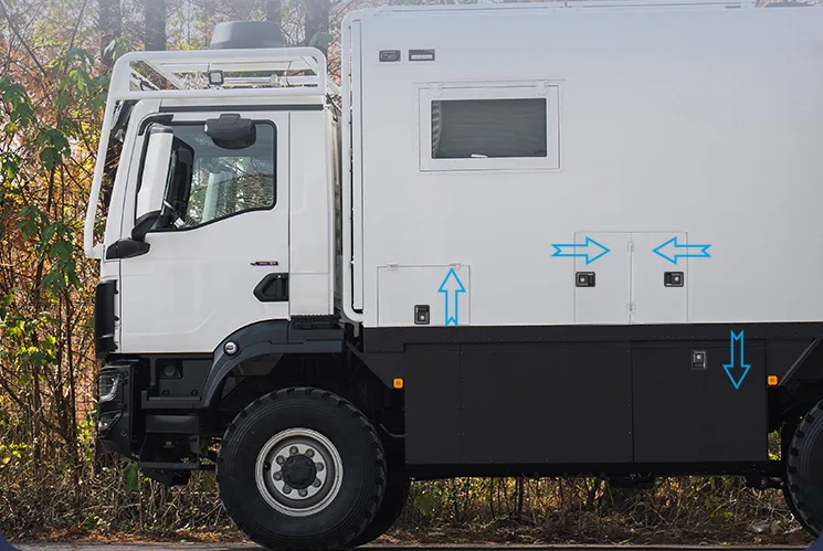 Compression Latches used on truck body compartment doors for secure, vibration-resistant sealing.